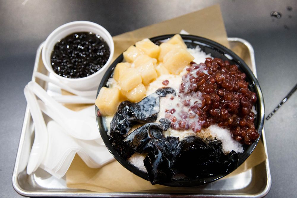 Shaved ice bowl with grass jelly, boba, red bean and taro